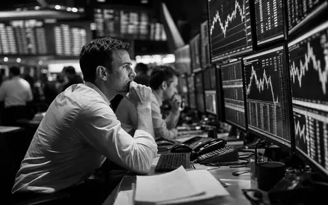 Nasdaq Inc. US6311031081 schwarz weisses Reportage Foto von Analysten vor grossen Marktdaten Bildschirmen - Foto: THN