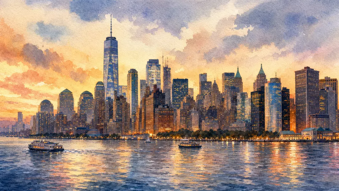 Aquarellmalerei der Manhattan-Skyline mit Financial District und Hafenpromenade