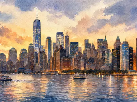 Nasdaq Inc. US6311031081 Aquarell der Manhattan Skyline mit Financial District am Wasser - Foto: THN