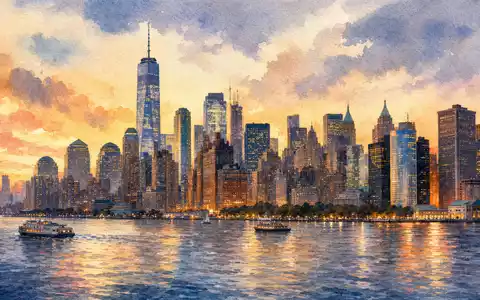 Nasdaq Inc. US6311031081 Aquarell der Manhattan Skyline mit Financial District am Wasser - Foto: THN