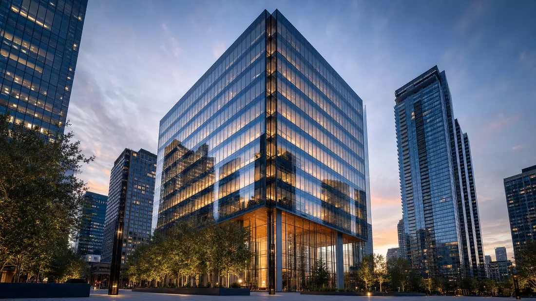 Fotorealistisches Rendering eines modernen Glas-Bürohochhauses im Finanzviertel