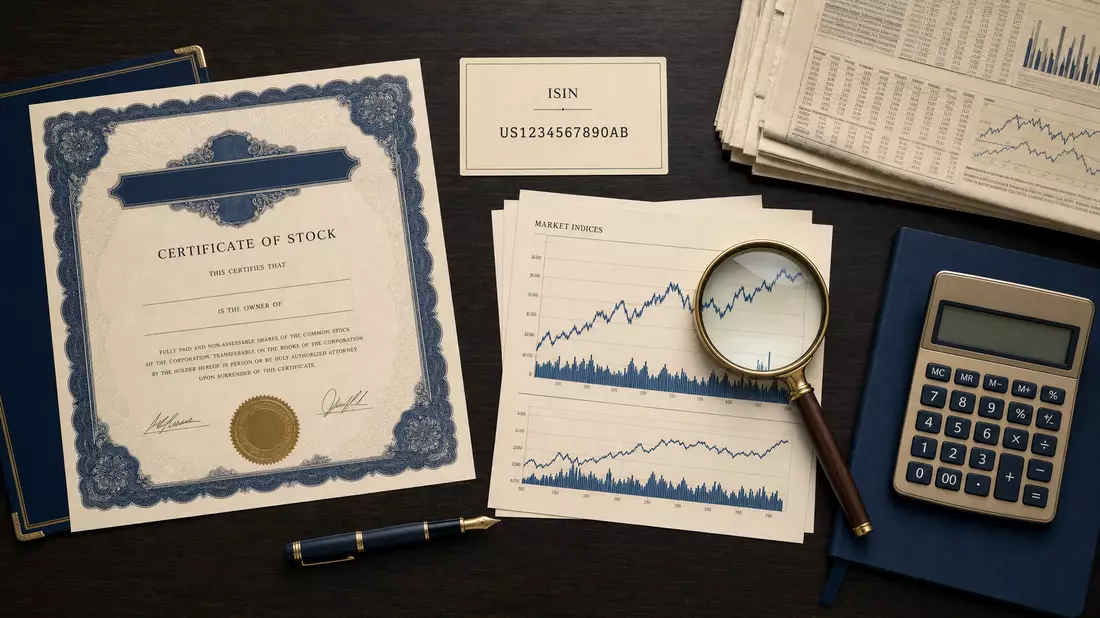 Draufsicht auf Aktienzertifikat, ISIN-Karte und gedruckte Marktcharts auf dunklem Holztisch