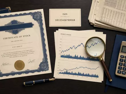 Nasdaq Inc. US6311031081 Flatlay mit Aktienzertifikat ISIN Karte und Marktdaten Charts auf Tisch - Foto: THN