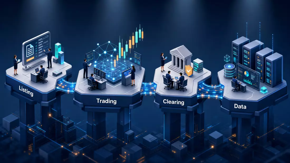 Isometrische 3D-Illustration der Prozesskette Listing Handel Clearing Daten