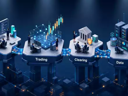 Nasdaq Inc. US6311031081 isometrische 3D Darstellung der Prozesskette Listing Handel Clearing Daten - Foto: THN