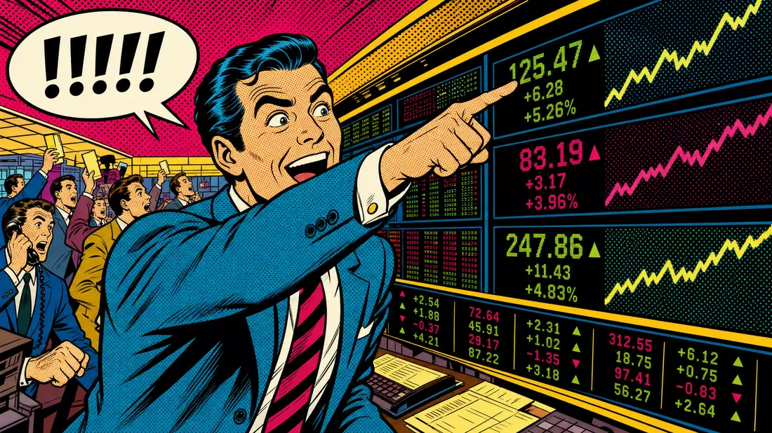Retro-Pop-Art-Comic mit Börsenhändler vor leuchtenden Kursanzeigetafeln