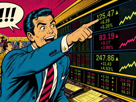 Nasdaq Inc. US6311031081 Pop Art Comic mit stilisiertem Haendler vor leuchtenden Kursanzeigen - Foto: THN