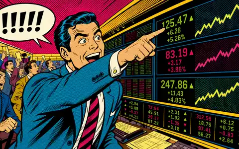 Nasdaq Inc. US6311031081 Pop Art Comic mit stilisiertem Haendler vor leuchtenden Kursanzeigen - Foto: THN