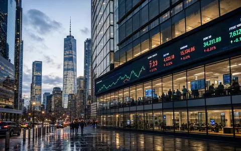 MSCI Inc. (ISIN US55354G1004) Finanzviertel bei Dämmerung mit beleuchteten Index-Kursanzeigen an Bürofassade - Foto: THN