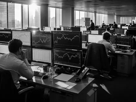 MSCI Inc. (ISIN US55354G1004) dokumentarische Schwarzweiß-Aufnahme von Analysten an Multi-Monitor-Handelsplätzen im Büro - Foto: THN