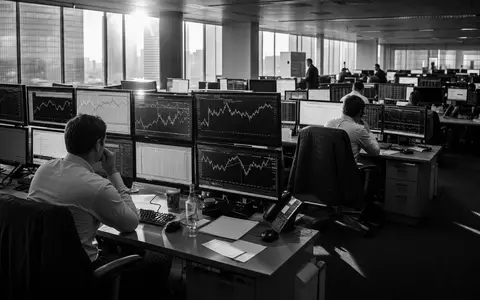 MSCI Inc. (ISIN US55354G1004) dokumentarische Schwarzweiß-Aufnahme von Analysten an Multi-Monitor-Handelsplätzen im Büro - Foto: THN