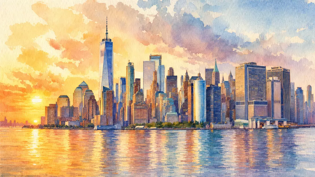 Aquarellbild der Manhattan-Skyline mit Spiegelungen im Wasser bei Sonnenuntergang