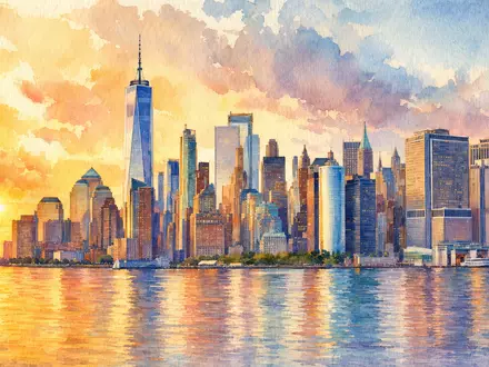 MSCI Inc. (ISIN US55354G1004) Aquarellmalerei der Skyline von Manhattan im warmen Licht der goldenen Stunde - Foto: THN