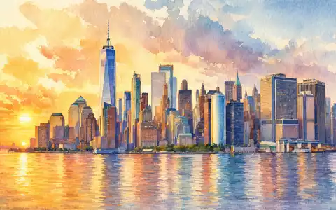 MSCI Inc. (ISIN US55354G1004) Aquarellmalerei der Skyline von Manhattan im warmen Licht der goldenen Stunde - Foto: THN