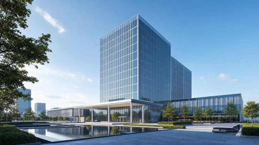 3D-Architekturrender eines modernen Glas-Bürogebäudes mit Vorplatz und Wasserbecken
