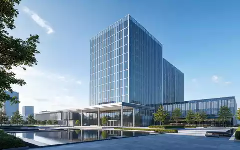 MSCI Inc. (ISIN US55354G1004) modernes Architektur-Render eines gläsernen Bürohochhauses mit Wasserbecken davor - Foto: THN