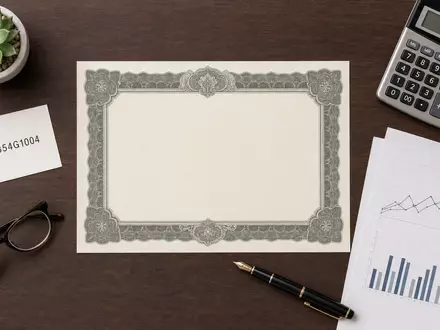 MSCI Inc. (ISIN US55354G1004) Flatlay mit Aktien-Zertifikat, ISIN-Karte, Taschenrechner und gedruckten Finanz-Diagrammpapieren auf Schreibtisch - Foto: THN