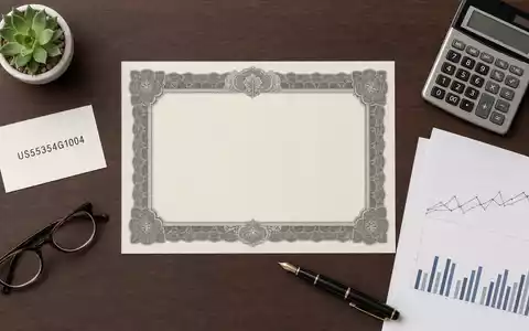 MSCI Inc. (ISIN US55354G1004) Flatlay mit Aktien-Zertifikat, ISIN-Karte, Taschenrechner und gedruckten Finanz-Diagrammpapieren auf Schreibtisch - Foto: THN