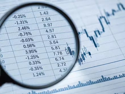 MSCI Inc. (ISIN US55354G1004) Makroaufnahme einer gedruckten Finanzdatentabelle mit Lupe und Candlestick-Chart-Detail - Foto: THN