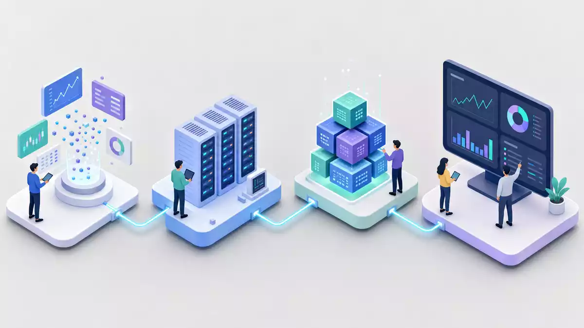 Isometrische 3D-Illustration einer Datenverarbeitungskette mit vier verbundenen Stationen