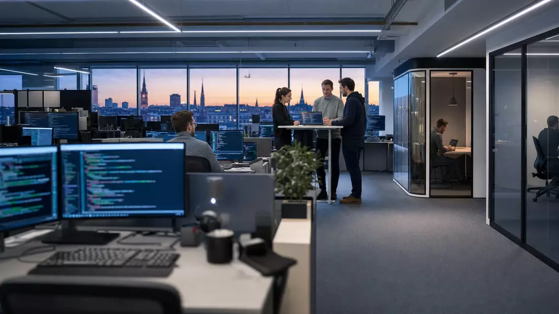 Fotorealistisches Großraumbüro mit Entwicklern an Monitoren bei Abendlicht in moderner IT-Firma