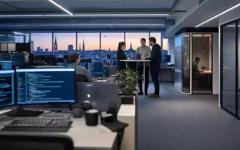 Fotorealistische BĂŒrowelt zeigt Softwareentwicklung bei Nagarro SE, ISIN DE000A3H2200, moderne IT-Dienstleistungsbranche in Europa - Foto: THN