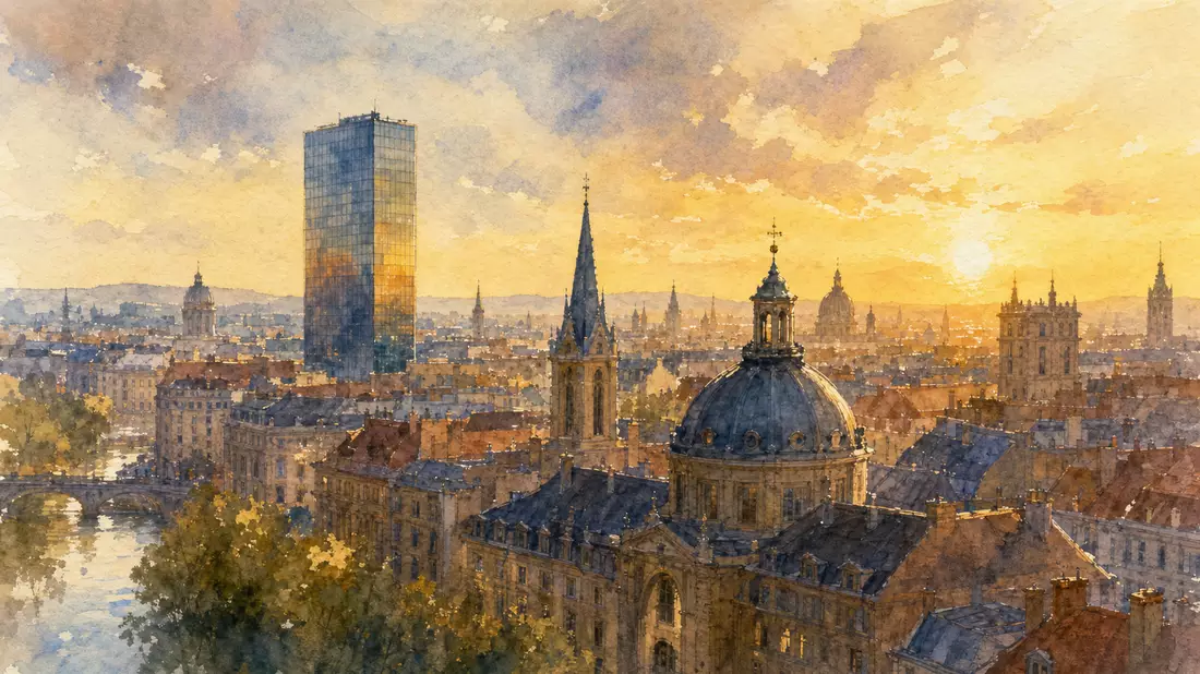 Aquarellbild einer europäischen Skyline mit modernem Glasturm bei goldenem Sonnenuntergang