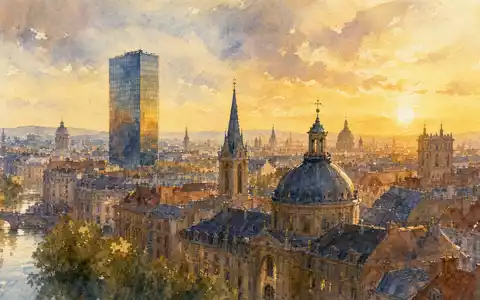 Aquarellmalerei einer europäischen Stadtsilhouette symbolisiert den Firmensitz von Nagarro SE, ISIN DE000A3H2200, im IT-Dienstleistungssektor - Foto: THN