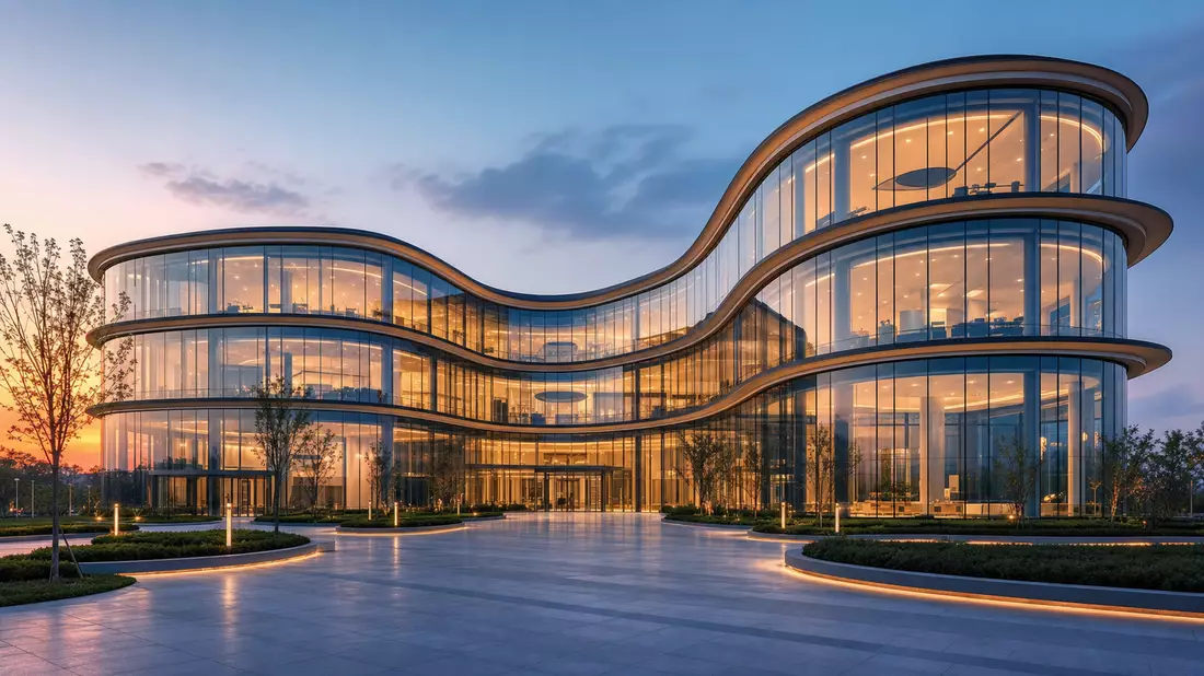 Architektonisches 3D-Rendering eines geschwungenen Glasbürogebäudes bei Dämmerung