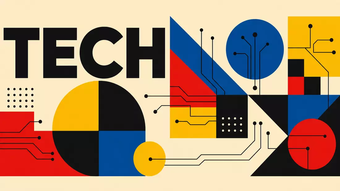 Geometrisches Bauhaus-Poster mit bunten Formen und großem Schriftzug TECH