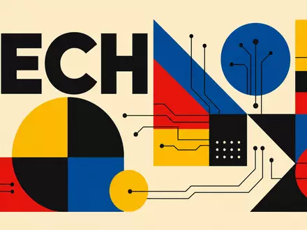 Bauhaus-Poster mit geometrischen Formen und Text TECH symbolisiert Branche von Nagarro SE, ISIN DE000A3H2200 - Foto: THN