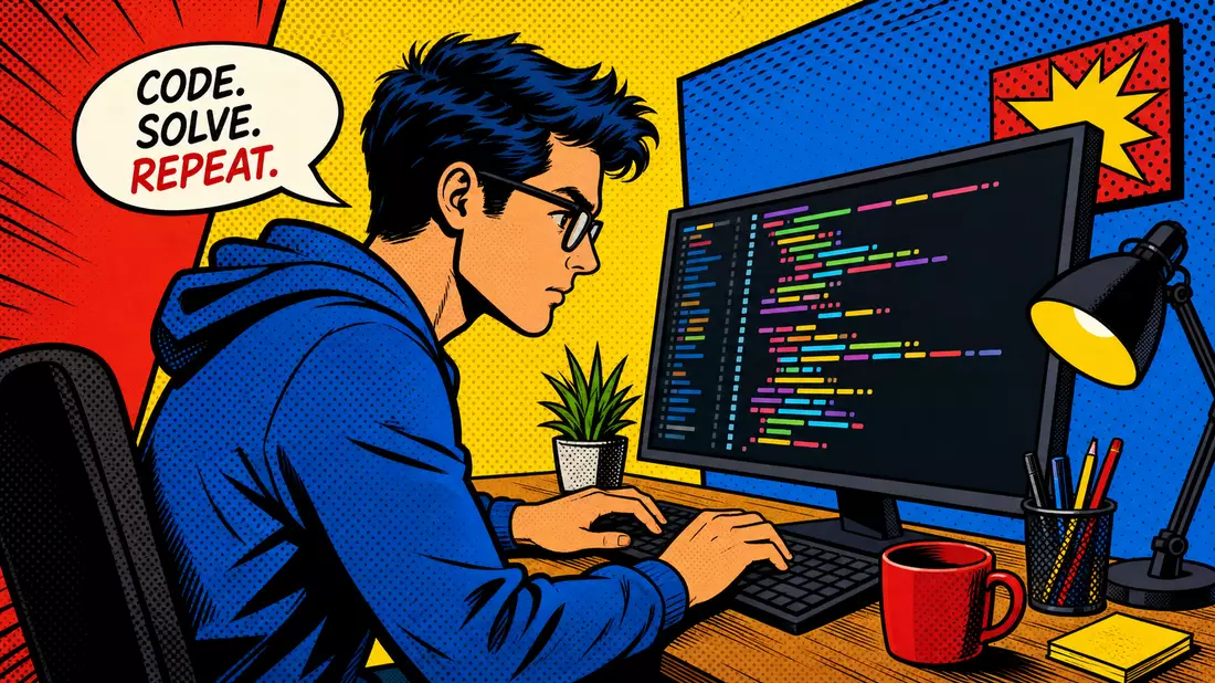 Bunte Pop-Art-Comicszene mit Programmierer, Sprechblase und farbigem Code auf Bildschirm
