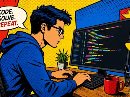 Pop-Art-Comic-Illustration eines Programmierers am Rechner symbolisiert kreativ die Arbeit bei Nagarro SE, ISIN DE000A3H2200 - Foto: THN