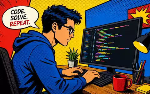 Pop-Art-Comic-Illustration eines Programmierers am Rechner symbolisiert kreativ die Arbeit bei Nagarro SE, ISIN DE000A3H2200 - Foto: THN