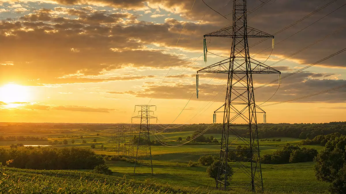 Ameren Corp. US0236081024 – photorealistic steel transmission towers across Missouri farmland at golden hour