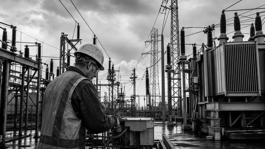 Ameren Corp. US0236081024 – B&W reportage photo of utility technician at high-voltage substation