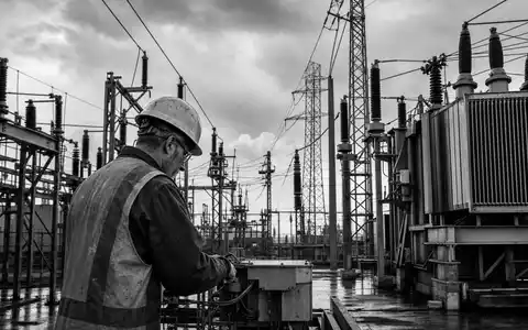 Ameren Corp. US0236081024 black and white reportage of technician at electrical substation - Foto: THN