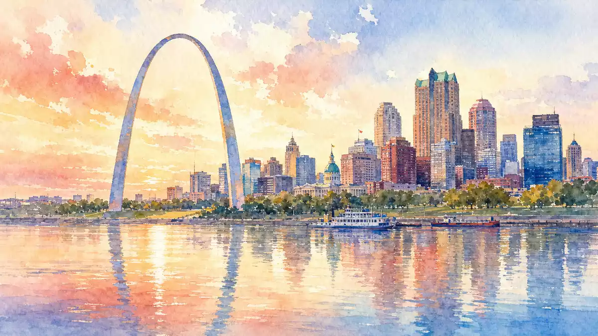 Ameren Corp. US0236081024 – watercolor illustration of St. Louis skyline and Gateway Arch at sunset