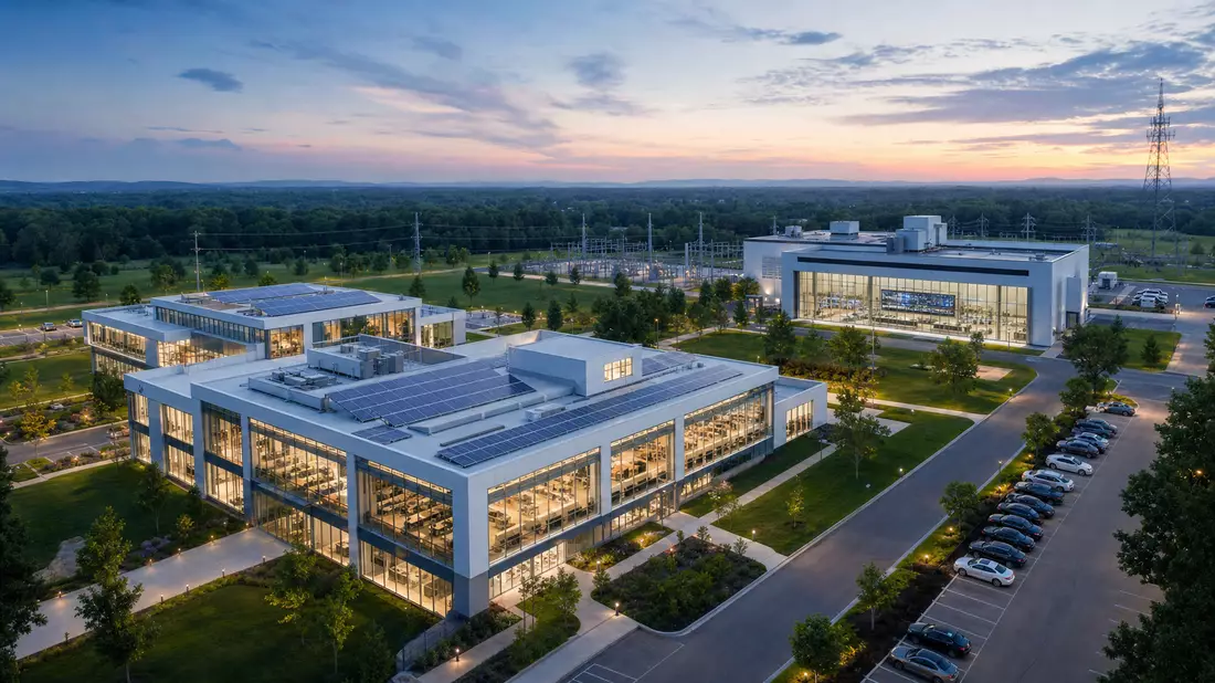 Ameren Corp. US0236081024 – architectural 3D render of modern utility campus with solar-paneled rooftops