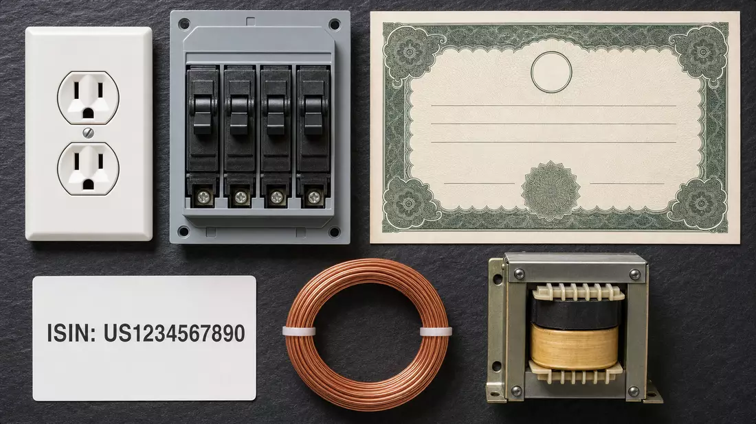 Ameren Corp. US0236081024 – editorial flatlay of electrical utility objects and financial documents on dark slate