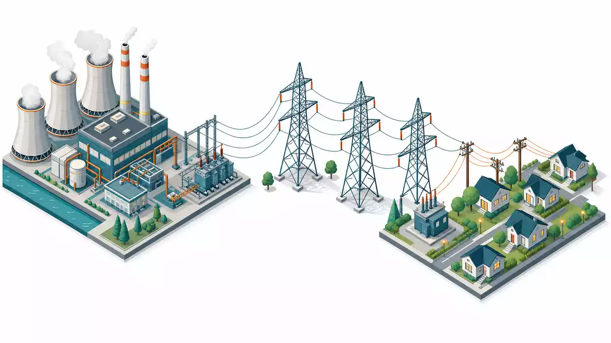Ameren Corp. US0236081024 – isometric diagram of power plant transmission towers and residential distribution network