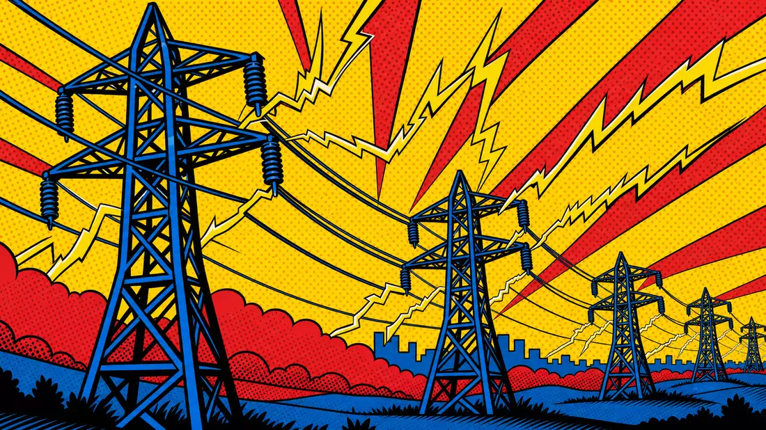 Ameren Corp. US0236081024 – pop art comic illustration of power transmission towers with bold lightning bolt graphics