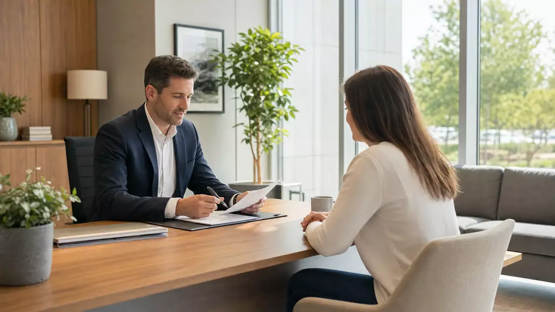 American International Group US0268747849 insurance advisor consulting client in a modern sunlit branch office