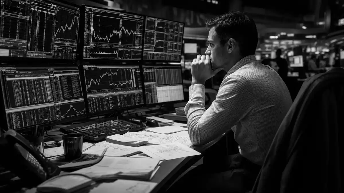 American International Group US0268747849 risk analyst at financial terminal in dramatic black and white