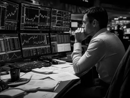 American International Group US0268747849 black white documentary risk analyst multiple financial screens dramatic - Foto: THN