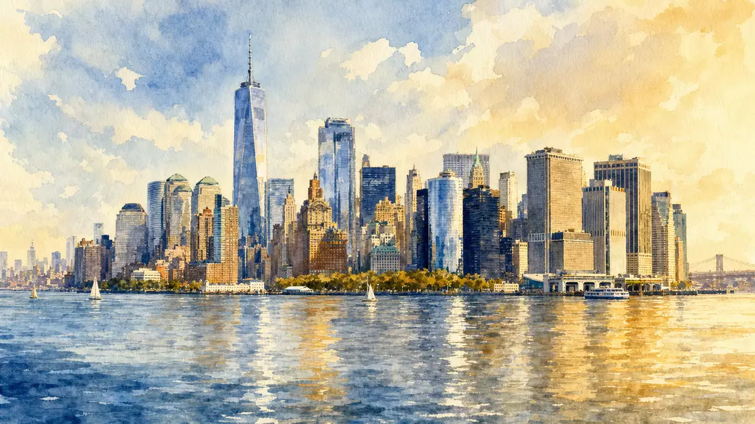 American International Group US0268747849 watercolor painting of Manhattan skyline Financial District with river