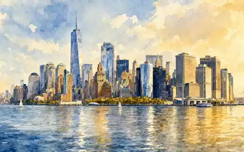 American International Group US0268747849 loose watercolor Manhattan skyline Financial District Hudson River golden - Foto: THN