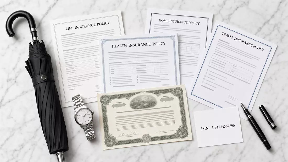 American International Group US0268747849 overhead flatlay with insurance documents umbrella watch and certificate