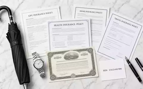 American International Group US0268747849 overhead flatlay insurance policy documents umbrella watch stock certificate - Foto: THN