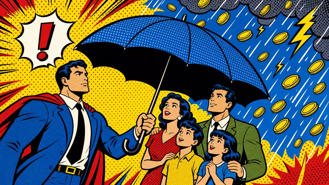 American International Group US0268747849 pop art comic umbrella shielding family coin storm halftone
